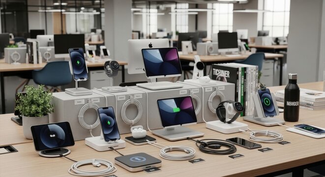 Apple Electronics Charging Station Display in Modern Store