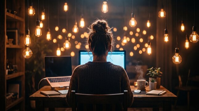 Illuminated Ideas: A woman immersed in the creative process, surrounded by the warm glow of hanging light bulbs, symbolizing inspiration and innovation. 