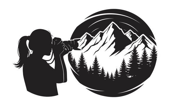 Female photographer silhouette inside circular mountain landscape frame for World Photography Day outdoor adventure art World Photography Day