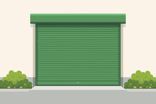 Green roller shutter door for garage or shop front, flat vector illustration of a closed security gate on a building wall with bushes, minimalist design for storage, commercial protection, and safety.