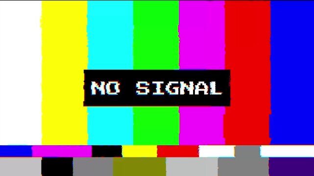 no signal glitch screen VHS Color Bars Glitch Animation with Analog Distortion Retro Broadcast Test Screen for Vintage Video and Motion Graphics