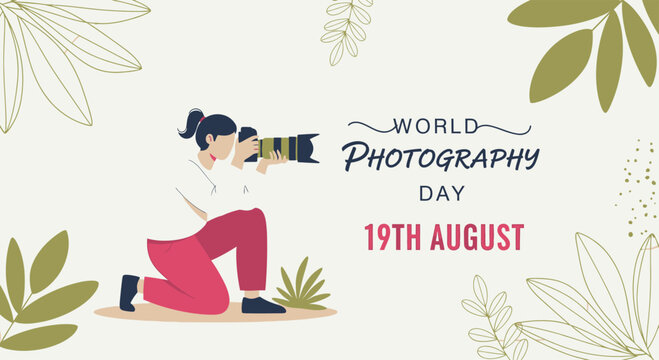 Flat vector illustration of woman photographer kneeling in nature with plants for World Photography Day event poster World Photography Day