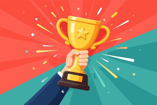 Hand holding a golden trophy cup with a star on a vibrant red and teal sunburst background. Flat vector illustration representing success, winning, achievement, victory, and competition award.