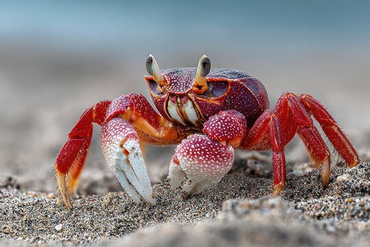 Vibrant crab on sandy beach, close-up shot