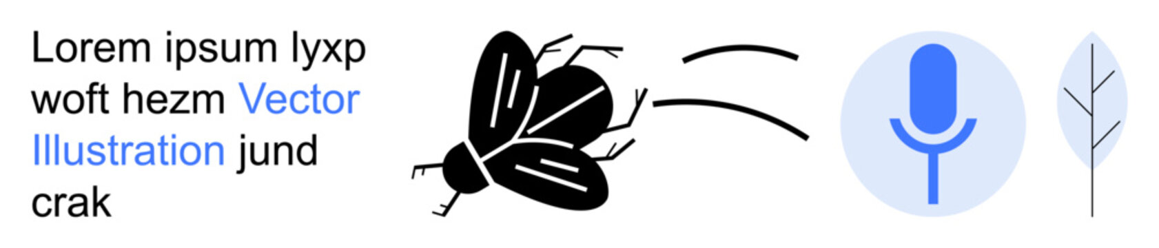 Sound recording, nature, audio technology, organic , communication, podcasting. A black fly, blue microphone icon and leaf symbol are visible. Sound recording and audio technology concept