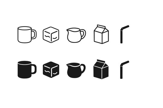 Set of black coffee and beverage icons featuring a mug, ice cube, creamer pitcher, milk carton, and drinking straw in outline and solid silhouette styles for cafe menu design, web graphics, and UI.