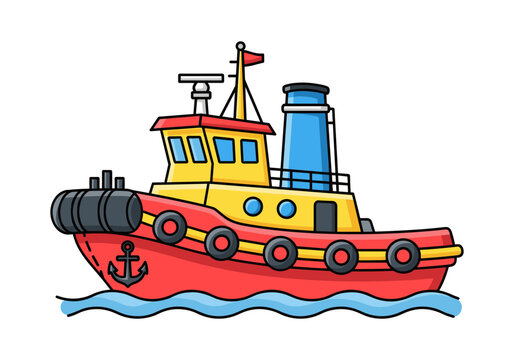Cartoon tugboat sailing on blue waves with an anchor symbol