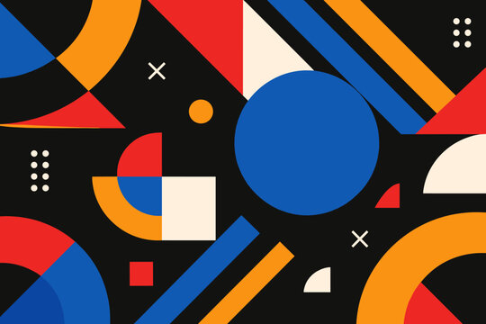 Abstract Geometric Vector Background with Bold Shapes in Blue, Orange, Red, and White on Black. Modern Bauhaus Inspired Poster Design for Minimalist Graphic Art, Web Banners, and Creative Covers.