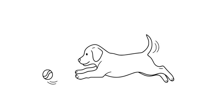 Playful puppy running after a ball, line art, white background, happy dog illustration