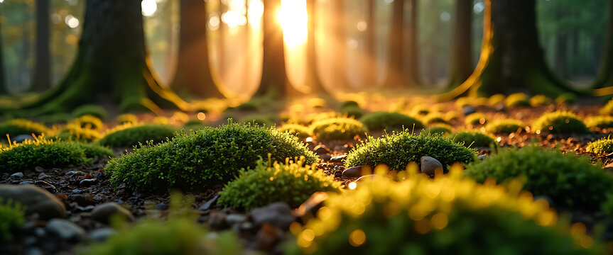 Close up view of lush green moss growing on forest floor during golden hour with blurred background of towering trees.