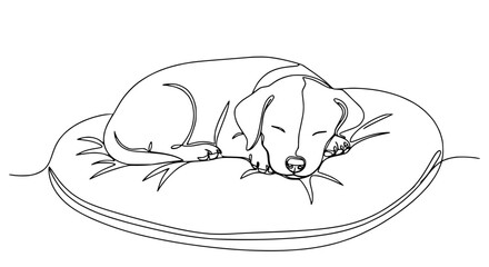 Minimalist Line Art: Sleeping Puppy Dog on Pillow, Single Line Drawing © Vector