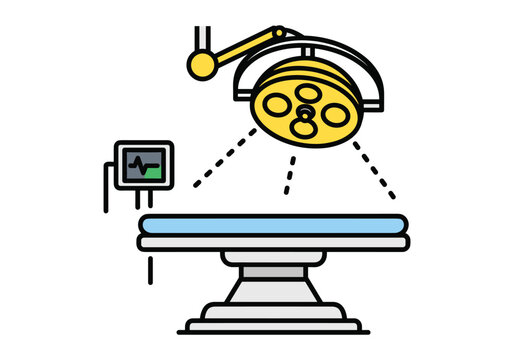 Operating room equipment with examination table and surgical lamp illustration