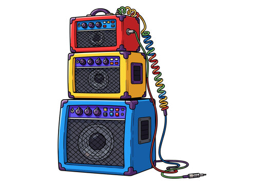 Stack of colorful guitar amplifiers with coiled cables and jack plug
