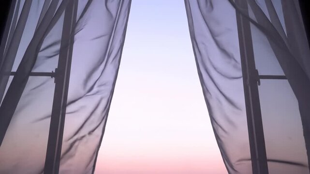 Sheer curtains frame a soft sunset, revealing a pastel sky and open window view