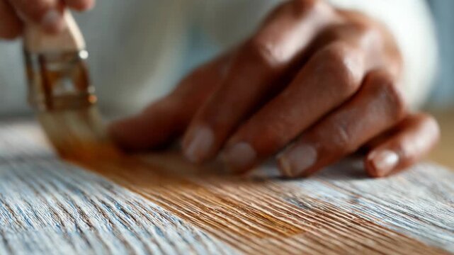 Close-up of hands applying wood stain with a paintbrush for restoration and diy projects