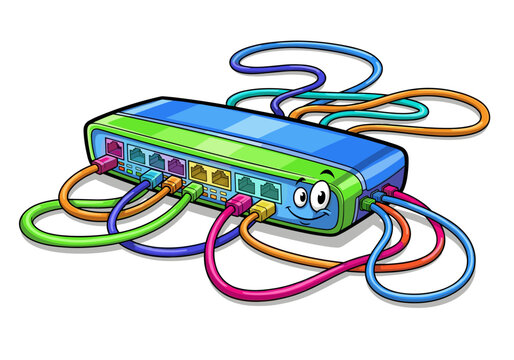 Cartoon network switch with colorful cables and a happy face