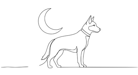Fototapeta premium Minimalist line art of a German Shepherd dog standing under a crescent moon at night.
