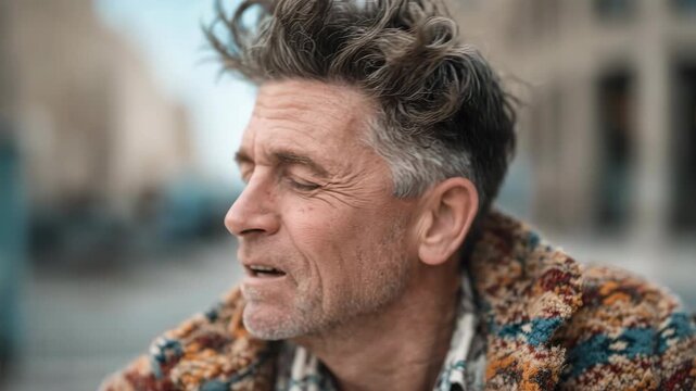 Expressive mature man with messy hair making a series of funny and silly faces on the street