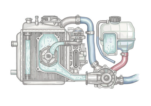 Automotive cooling system diagram showing fluid flow through radiator and pump