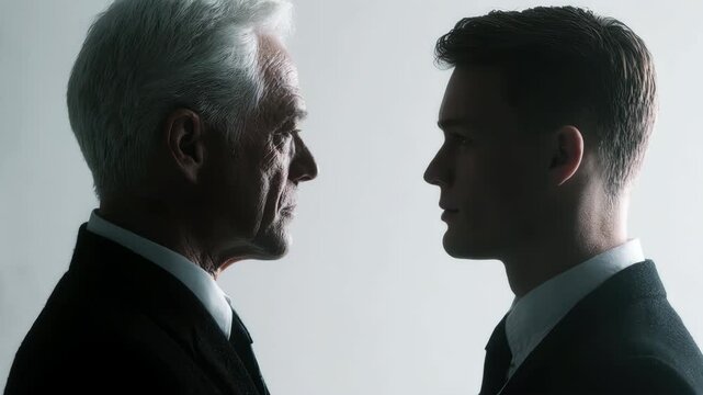 Elderly and a young businessman moving away from each other on a white background