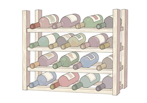 Wooden wine rack filled with assorted colored bottles on multiple shelves