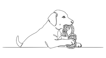 Playful puppy dog line art drawing, biting rope toy, simple minimalist illustration © Vector