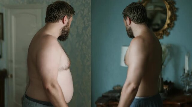 Man revealing his weight loss journey, comparing his overweight body with his new muscular physique