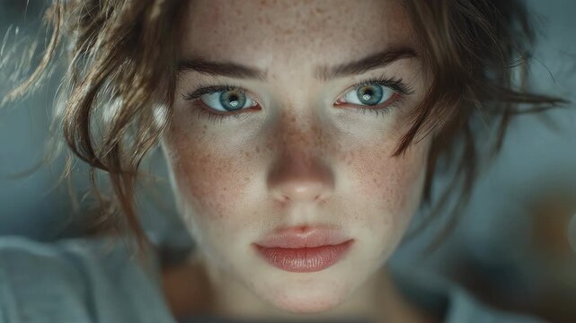 Extreme close-up of a beautiful young woman with freckles expressing a range of emotions