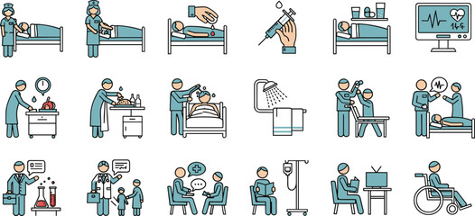 Fototapeta premium Hospital patient care and medical treatment flat icons set with doctor nurse and therapy