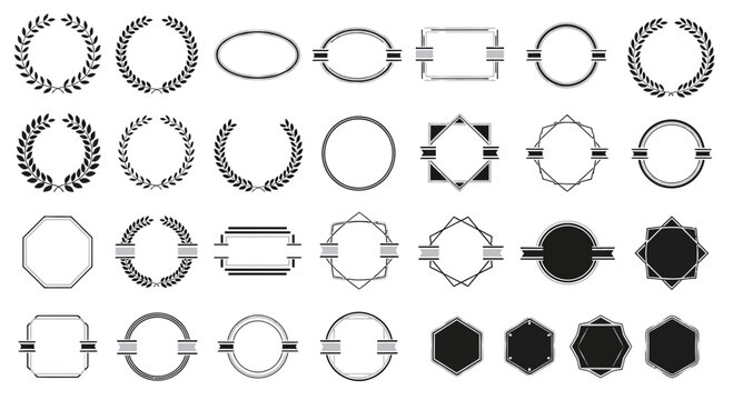 Collection of Decorative Geometric Frames and Laurel Wreaths on White Background