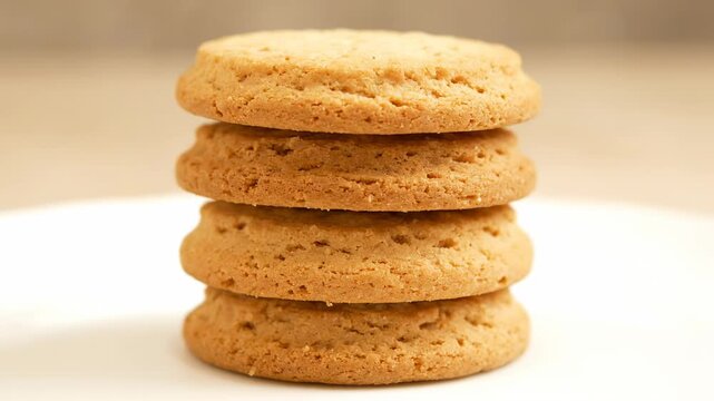 Stack of four golden cookies, tightly stacked, on a bright white surface
