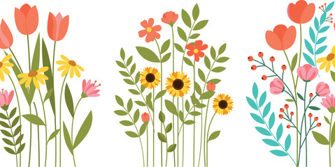 Flat vector illustration set of colorful spring floral bouquets featuring tulips sunflowers and wildflowers for greeting cards wedding invitations nature and garden themed projects. © Mehedi