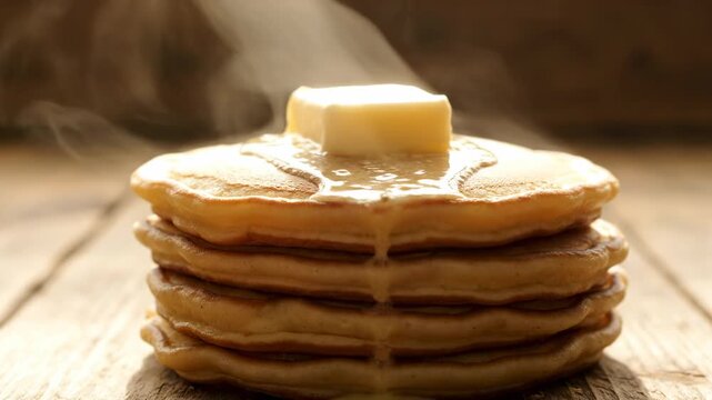 Stack of golden pancakes topped with melting butter and steam