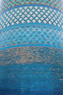 Turquoise tilework detail on a minaret in Ichan Kala old town of