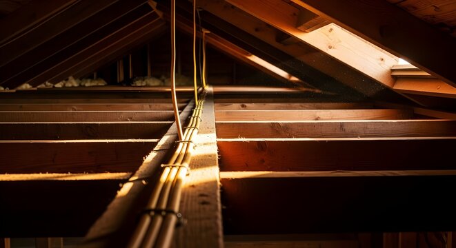 Interior view of a residential roof structure showing wooden rafters, joists, and yellow electrical wiring