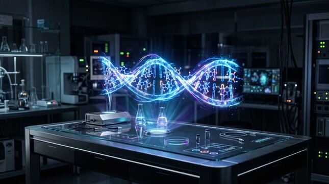 A futuristic laboratory with a glowing blue DNA double helix structure on a high-tech workbench surrounded by scientific equipment