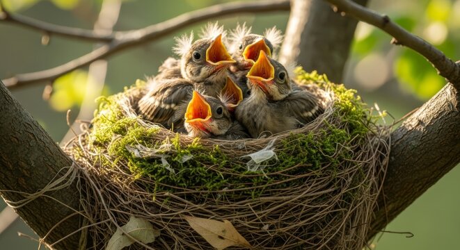 A cluster of young birds chirping excitedly in a nest