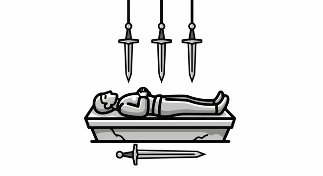 A figure lies in a stone sarcophagus under three suspended swords