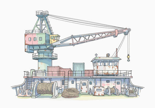 Illustration of a cargo ship with a large crane and containers