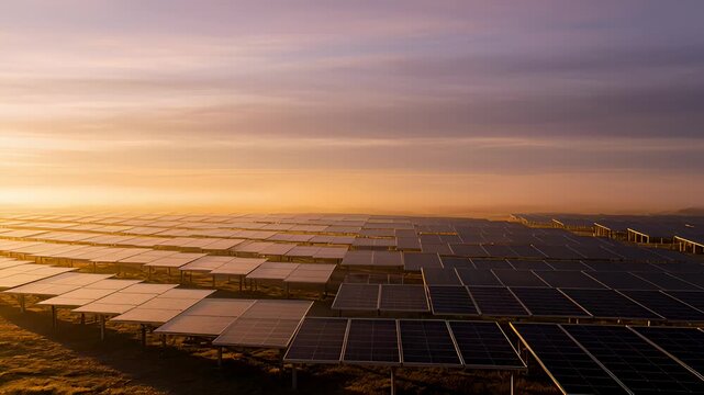 Aerial View of Vast Solar Panel Field at Sunrise, Generating Clean Renewable Energy