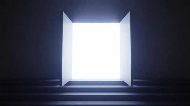 Mysterious gate in a dark, empty room opening and revealing a bright, white light