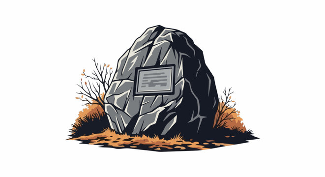 A granite marker stone adorned with a plaque stands amidst autumn foliage