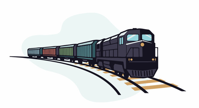 A dark freight train with multiple cars travels along tracks