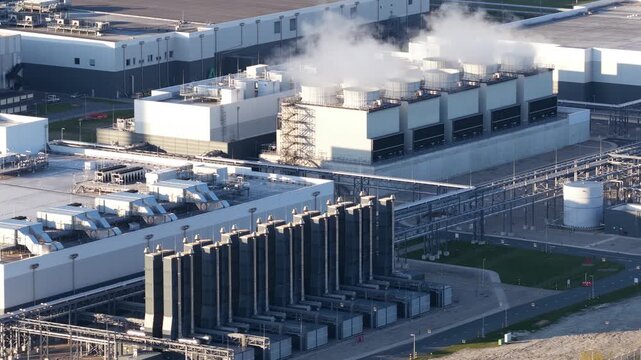 Aerial view of data center cooling towers emitting steam