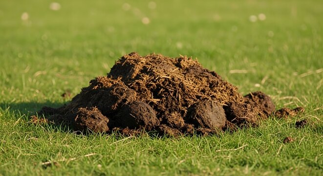 A pile of fresh horse manure on a green grass field, natural organic fertilizer in a meadow.