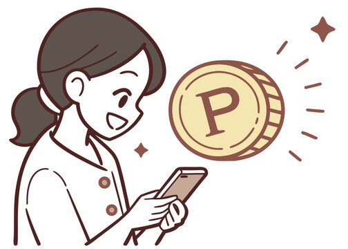 Happy woman using smartphone to earn reward points illustration