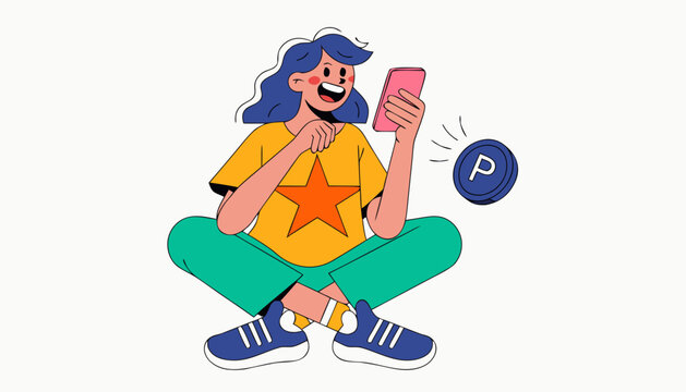 Happy woman using smartphone to earn reward points illustration