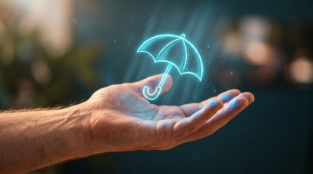 Protection at Your Fingertips: A glowing blue umbrella icon hovers above an open hand, evoking feelings of safety, security, and assurance in uncertain times.