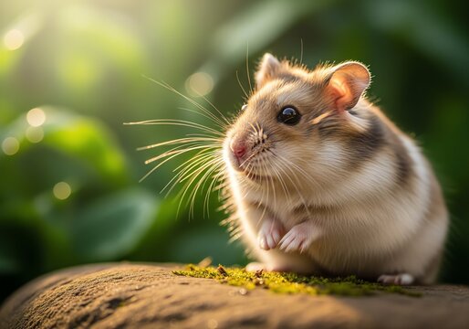 An endearing striped dwarf hamster sits thoughtfully on a textured surface, bathed in soft, golden sunlight, highlighting its intricate whiskers and expressive eyes.