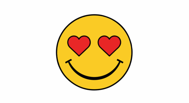 A bright yellow smiley face with red heart-shaped eyes and a broad smile